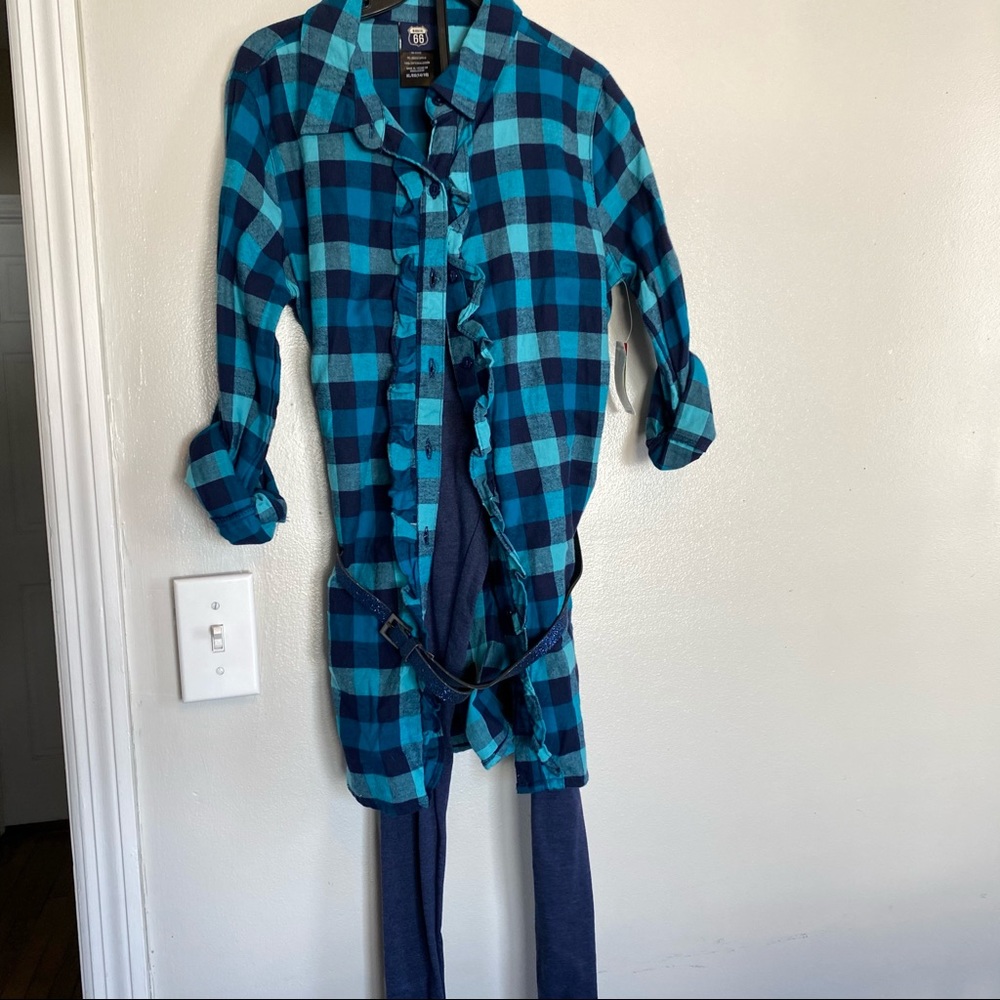 ROUTE 66 GIRLS RUFFLED FLANNEL/PANT SET WITH BELT